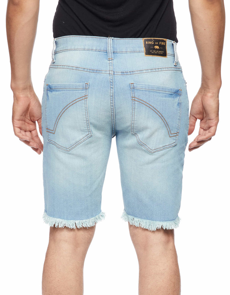 Men button closure raw edge slick denim shorts in Smoke Blue back pockets