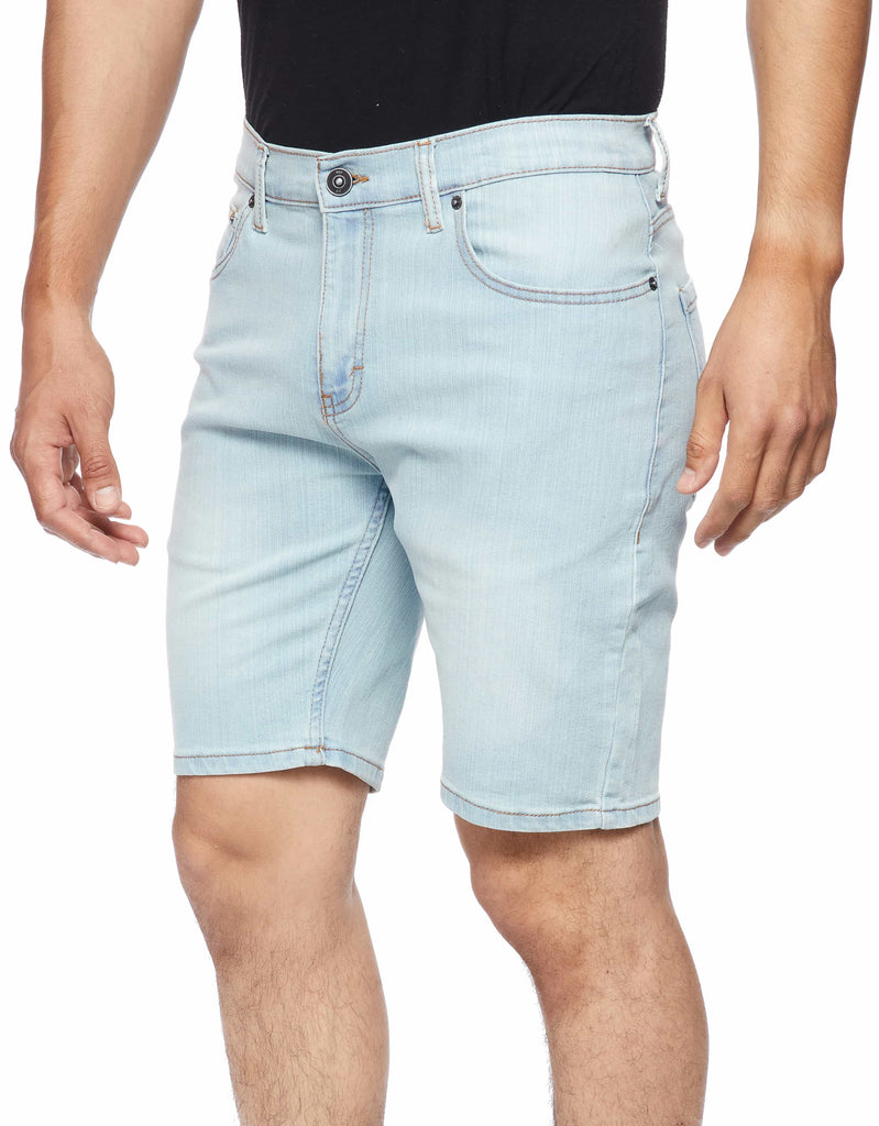 Mens zip up button closure slick denim shorts in Blue Bleached
