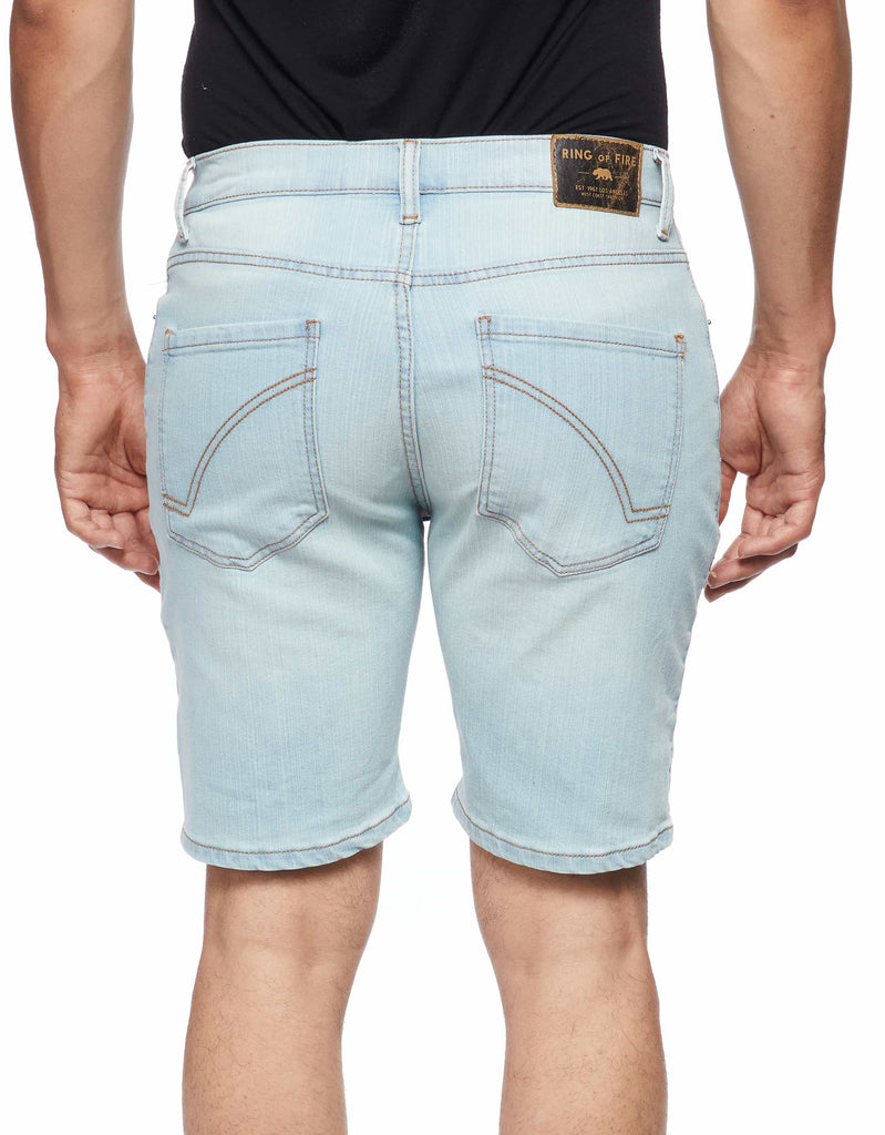 Mens zip up button closure slick denim shorts in Blue Bleached back pockets 