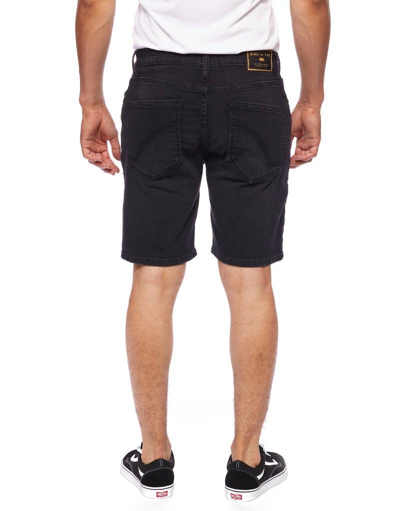 Mens zip up button closure slick denim shorts in Carbon back pockets 