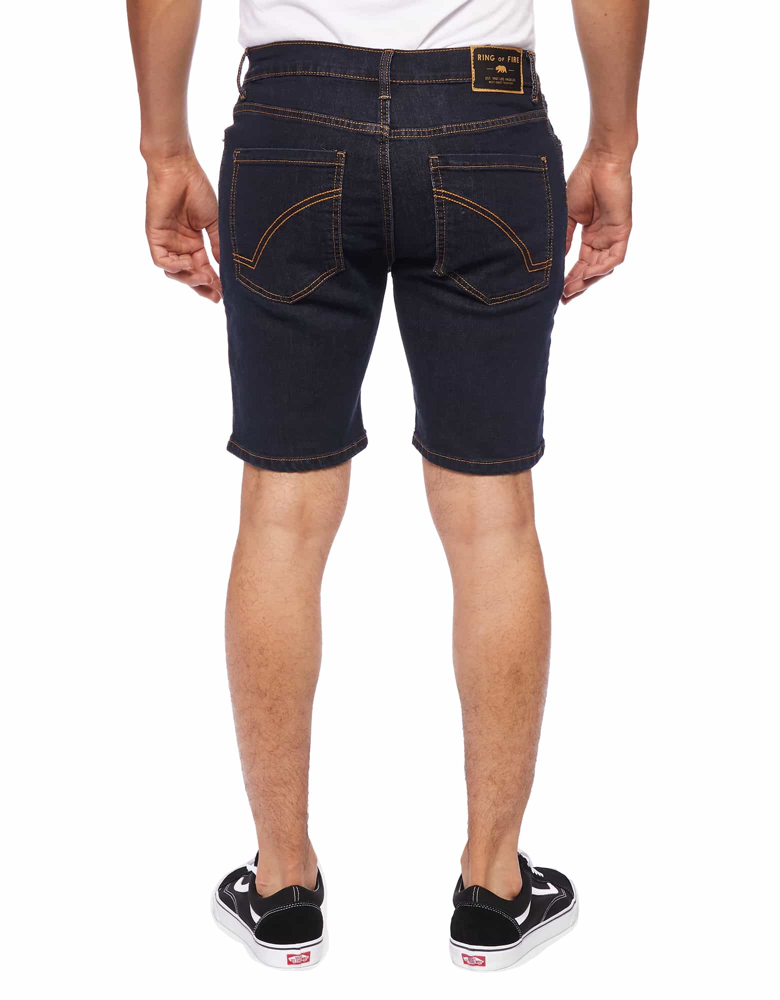 Mens zip up button closure slick denim shorts in Rinse back pockets 