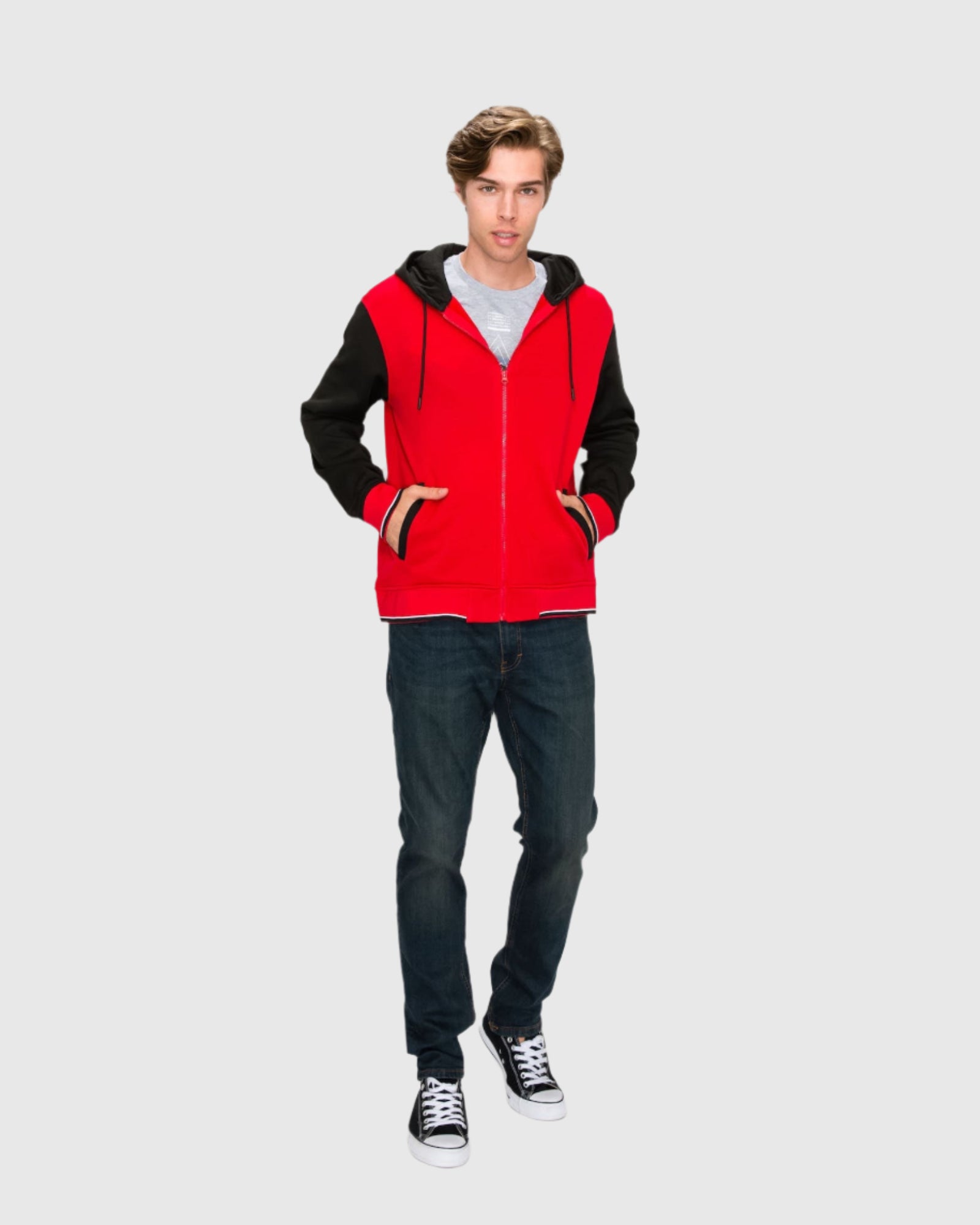 Mens Charlie fleece varsity striped rib jacket in Red Black