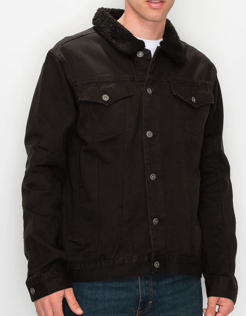 Mens sharp sherpa collar button closure twill work jacket in Black chest pockets 