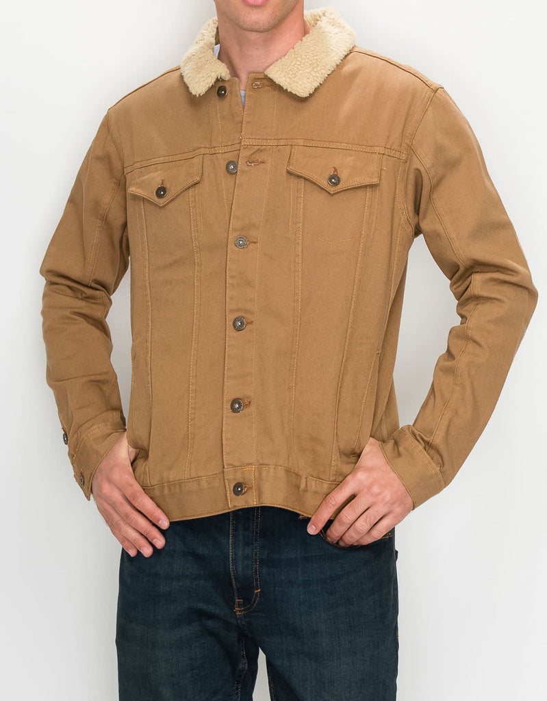 Mens sharp sherpa collar button closure twill work jacket in Dull Gold chest pockets 