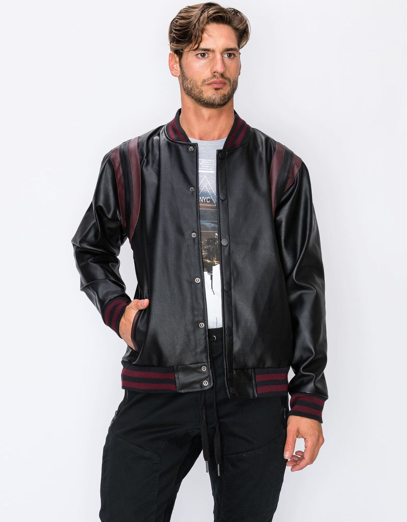 Mens justice PU jacket in Black Burgundy snap button up 