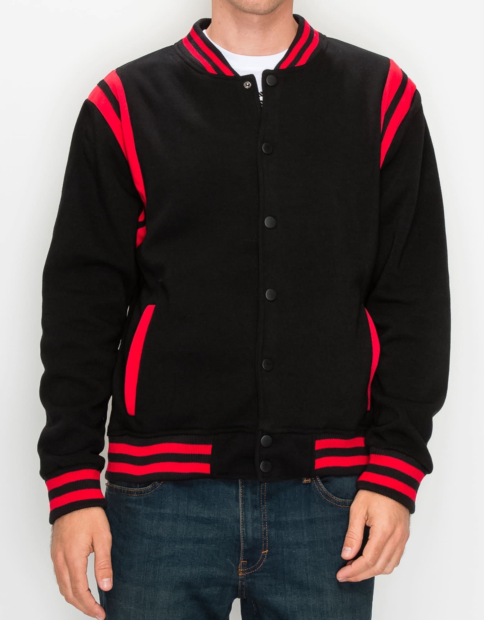 Mens lightweight grand varsity jacket in Black Red button up 