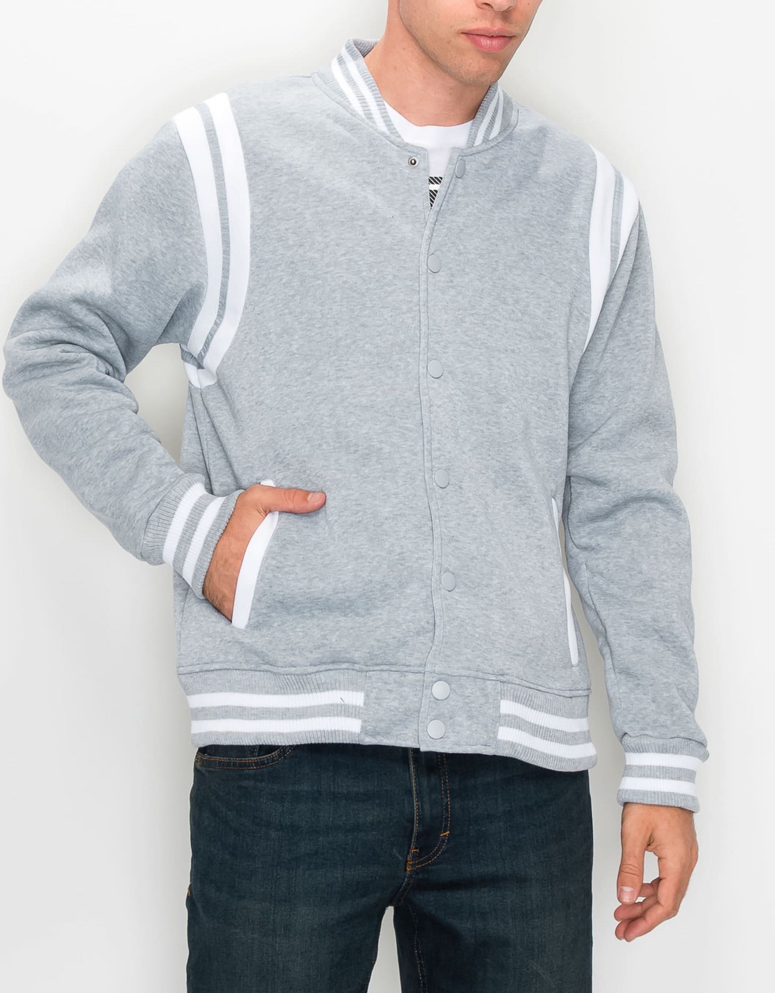 Mens lightweight grand varsity jacket in Light Heather White