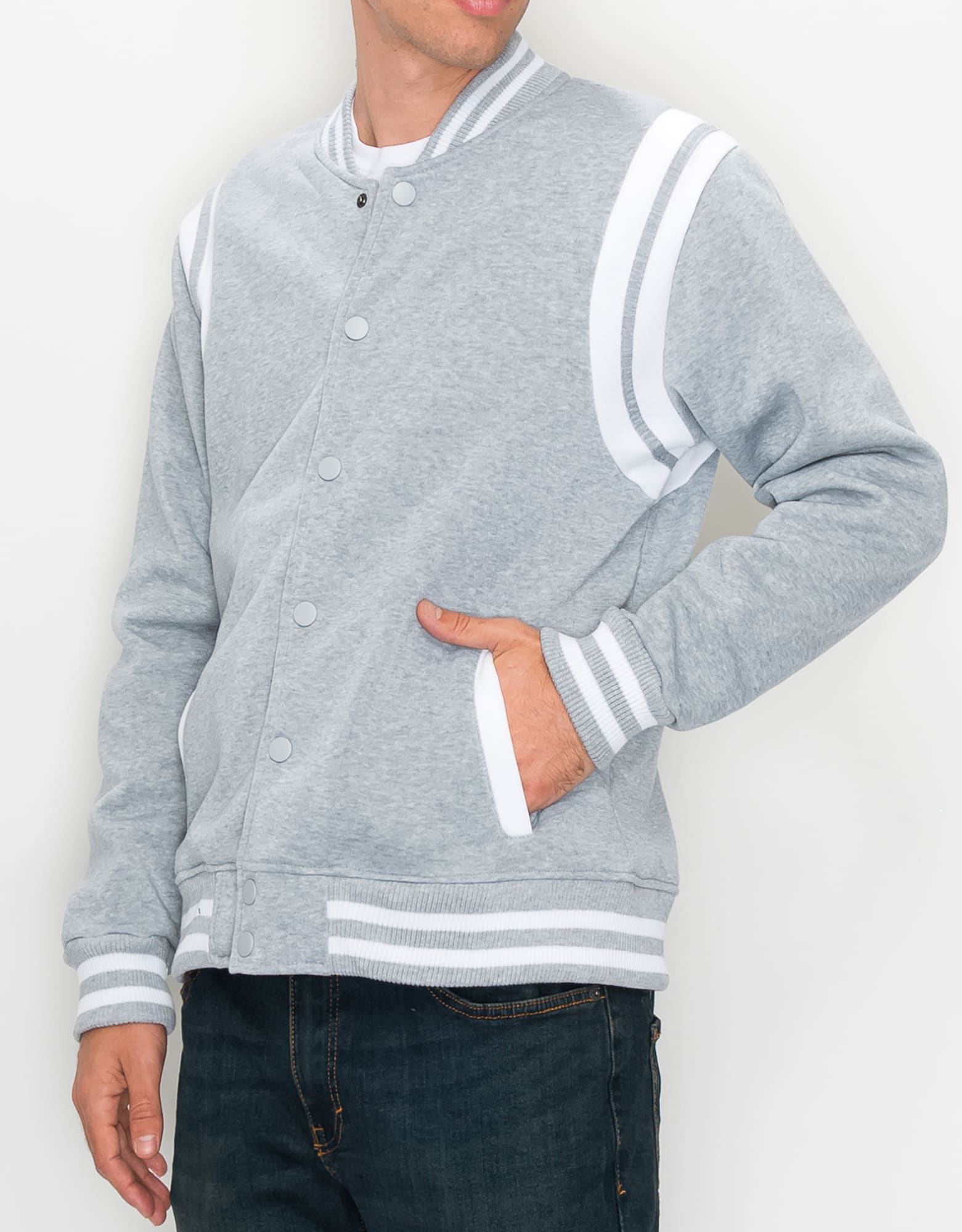 Mens lightweight grand varsity jacket in Light Heather White button up 