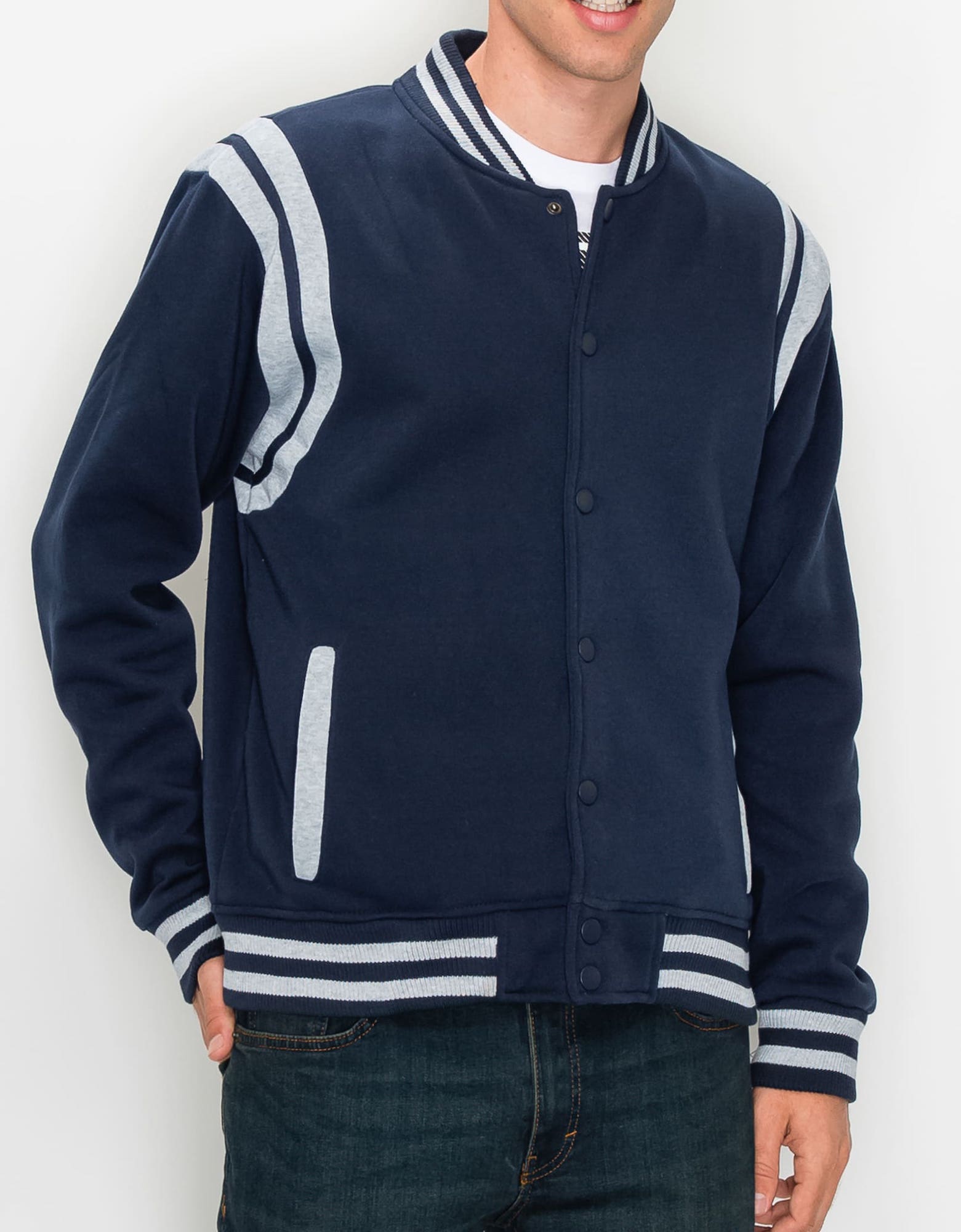 Mens lightweight grand varsity jacket in Navy Light Heather Gray