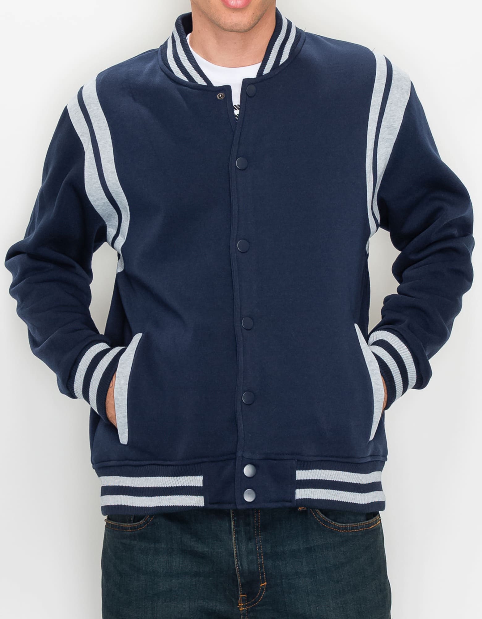 Mens lightweight grand varsity jacket in Navy Light Heather Gray button up 