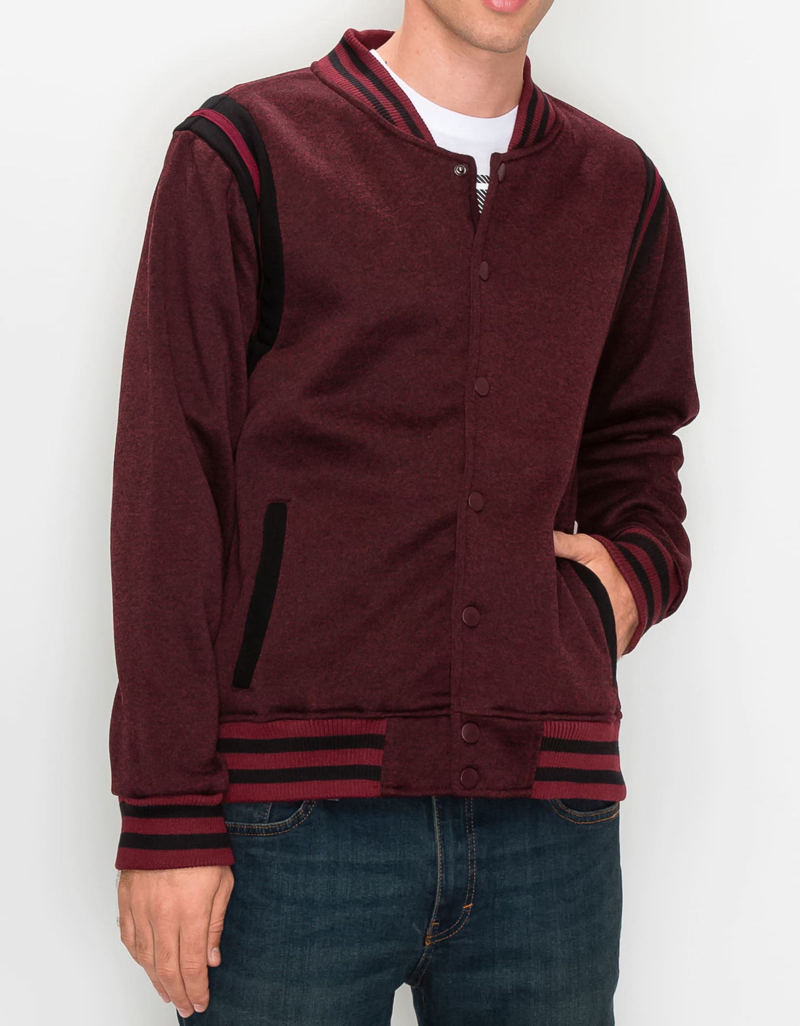 Mens lightweight grand varsity jacket in Sangria Omani Black