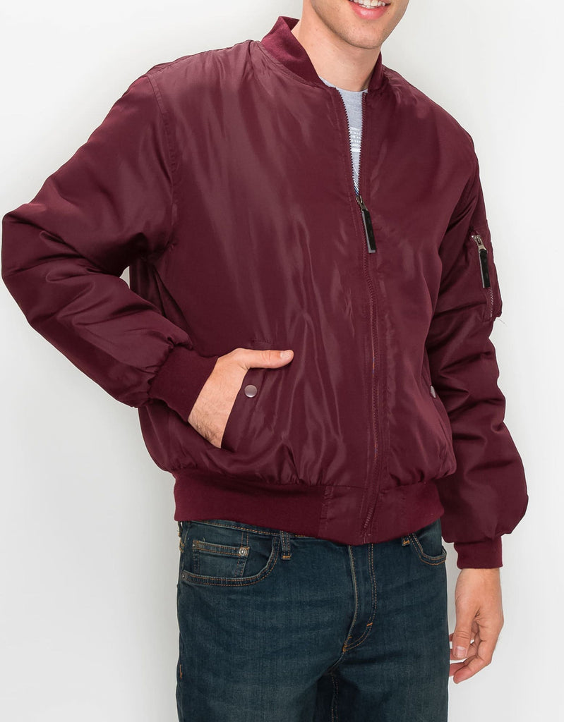 Mens fill poly worker bomber jacket in Oxblood utility pocket on left arm 