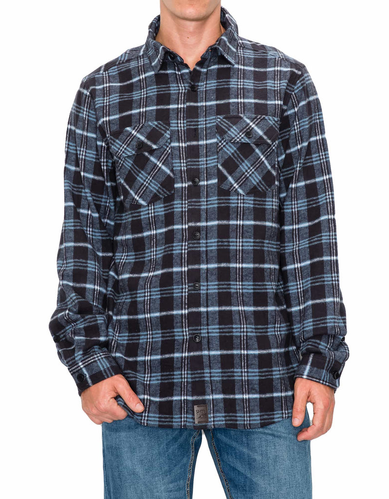 Model wearing Blue Navy Men’s Andrew Plaid Flannel Shirt, front view
