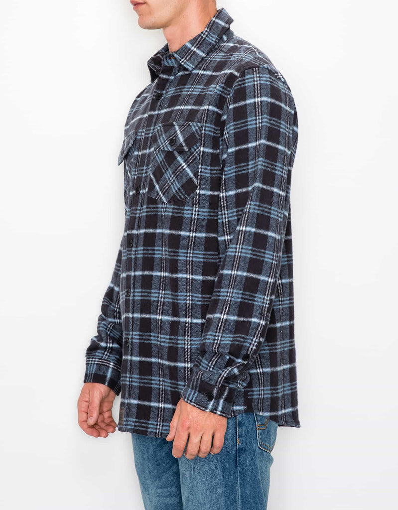 Angle view of Blue Navy Men’s Andrew Plaid Flannel Shirt on model