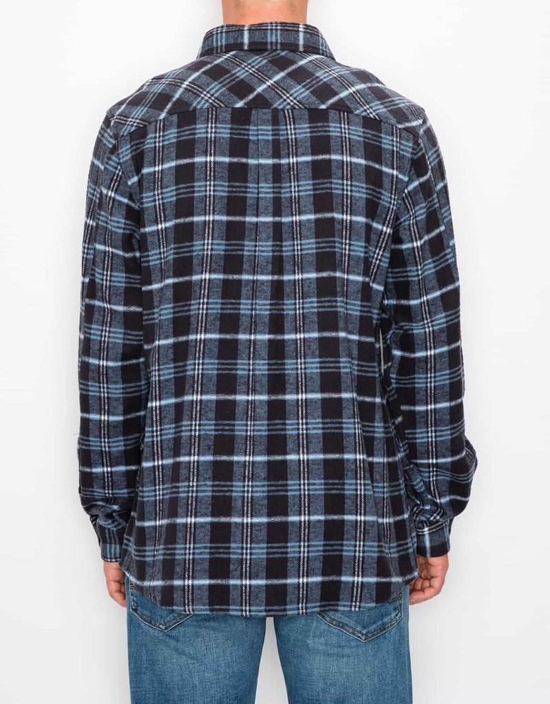 Model wearing Blue Navy Men’s Andrew Plaid Flannel Shirt, back view