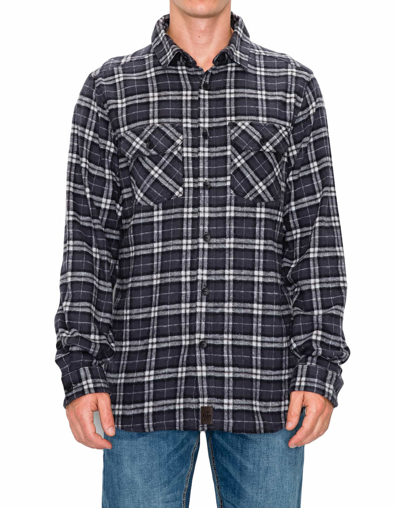 Model wearing Charcoal Black Men’s Andrew Plaid Flannel Shirt, front view