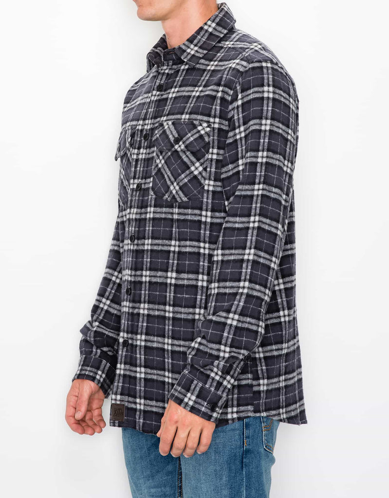 Angle view of Charcoal Black Men’s Andrew Plaid Flannel Shirt on model