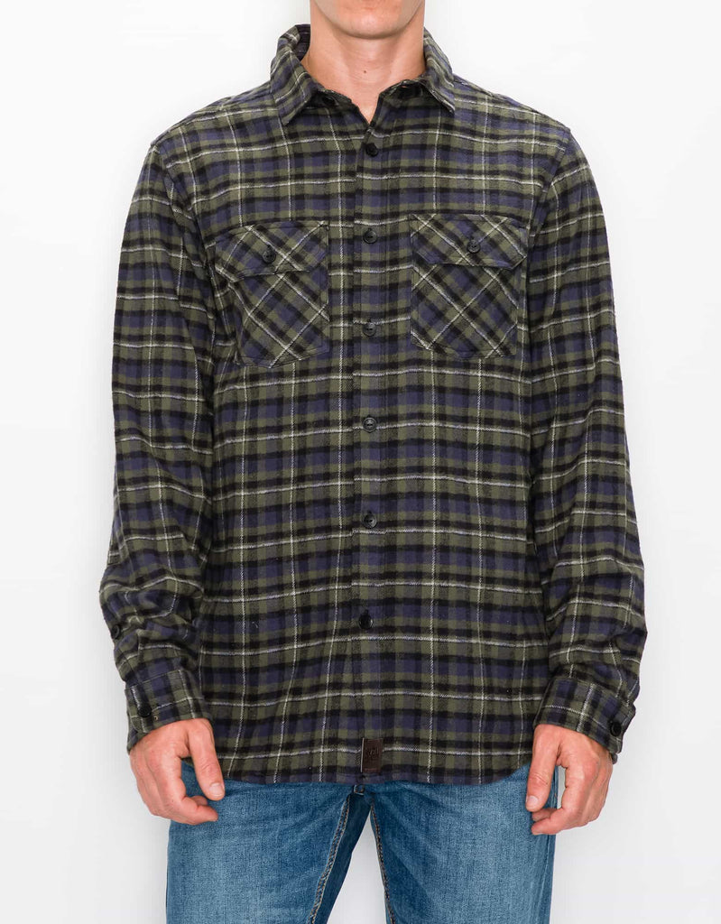 Mens Andrew flannel button up shirt in Green Navy chest pockets 