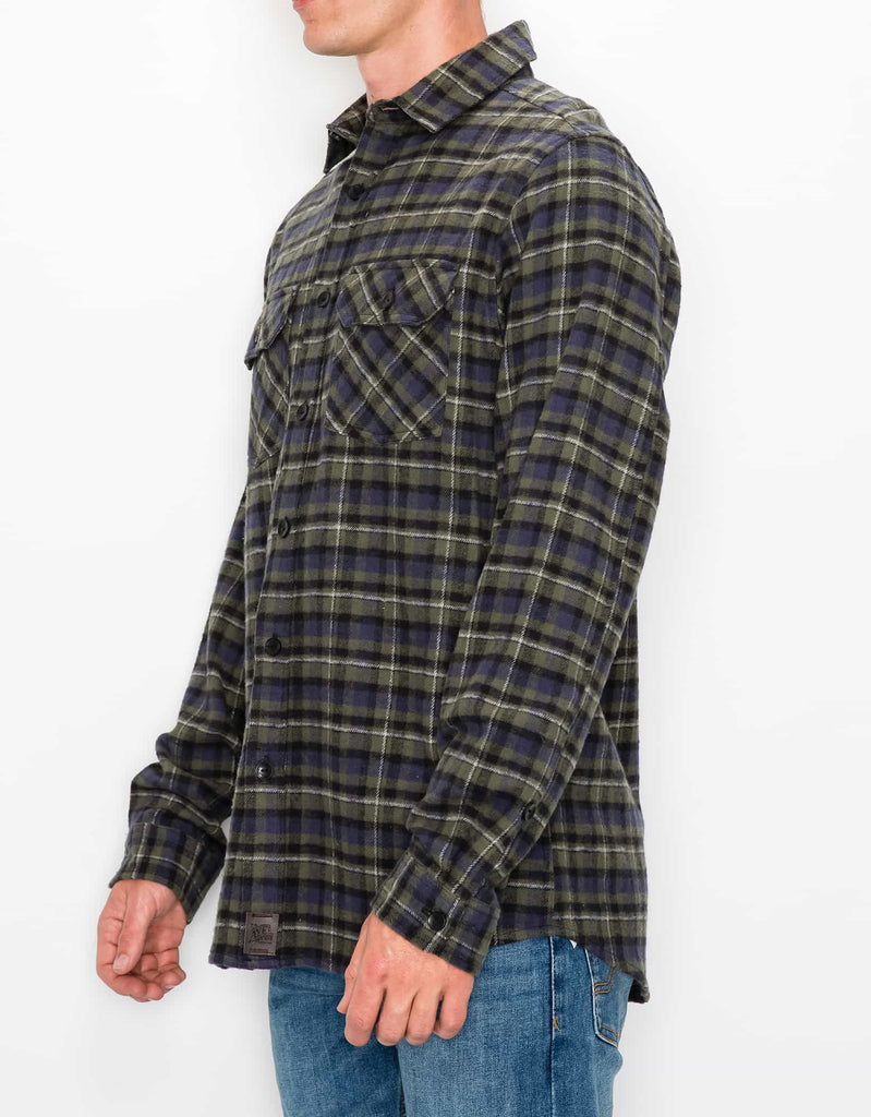 Angle view of Green Navy Men’s Andrew Plaid Flannel Shirt on model