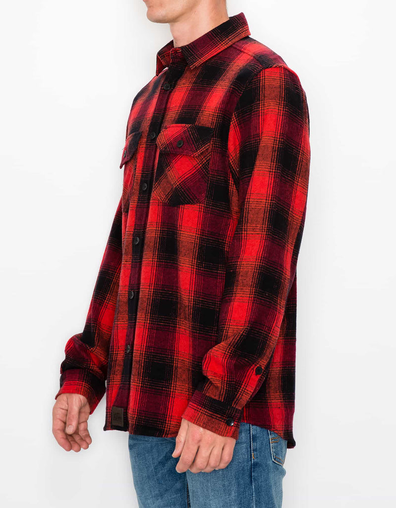 Angle view of Red Black Men’s Andrew Plaid Flannel Shirt on model