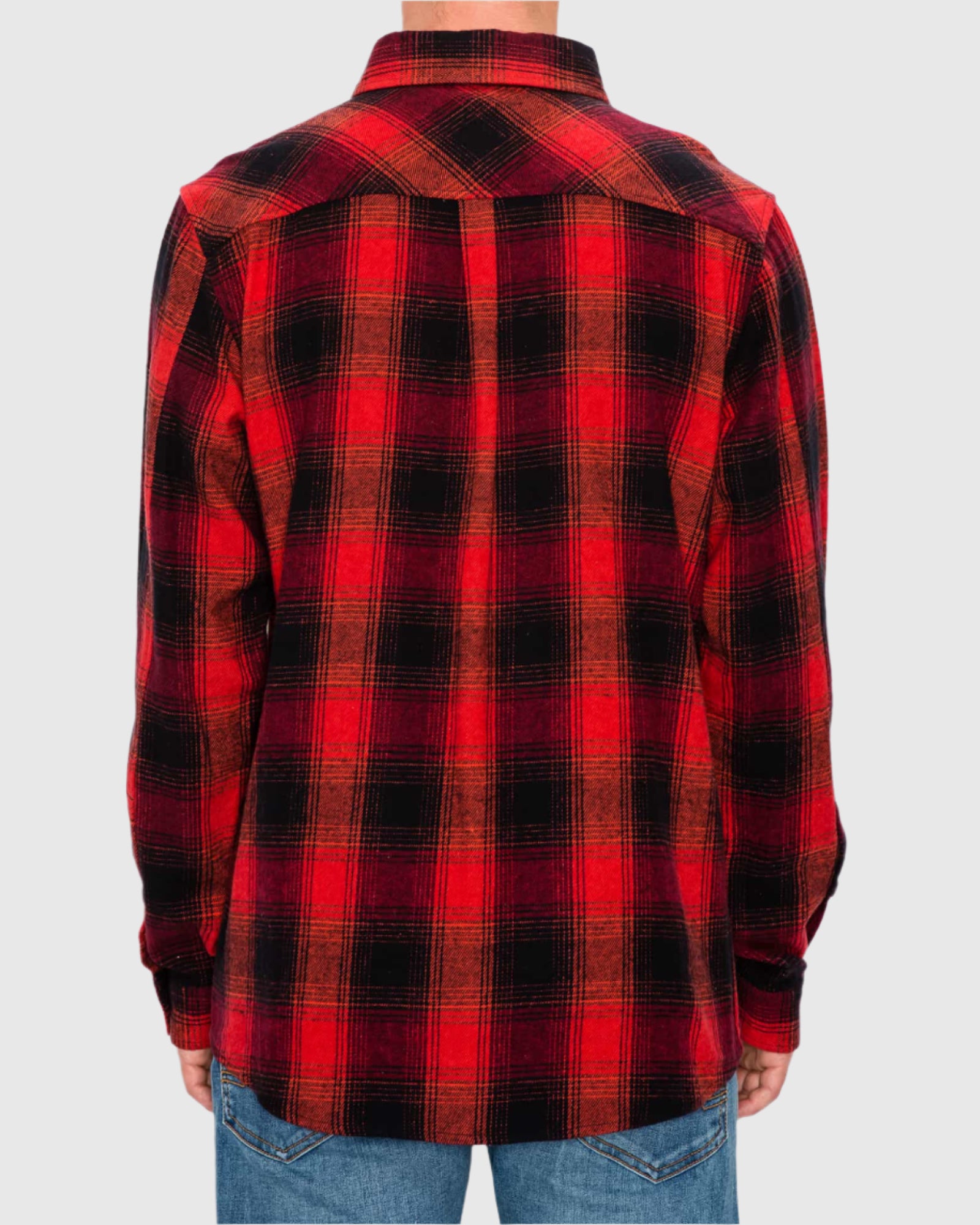 Model wearing Red Black Men’s Andrew Plaid Flannel Shirt, back view