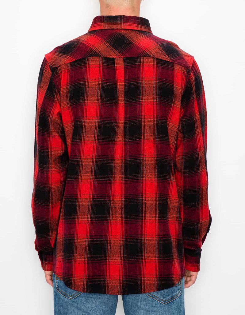 Model wearing Red Black Men’s Andrew Plaid Flannel Shirt, back view